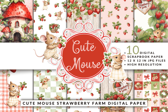Download Cute Mouse Strawberry Farm Digital Paper - Paper Collection